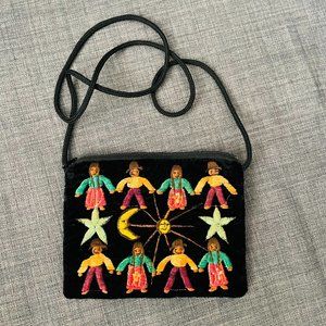 Handmade Embroidered People Friendship Unique Crossbody Velvet Purse 7 1/ 4"